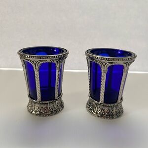 Cobalt Blue Glass Votive Holders with Ornate Silver-Tone Metal